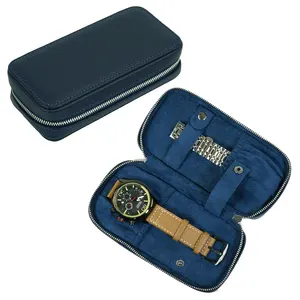 桑尼定制批发蓝色皮革2槽旅行手表盒支架