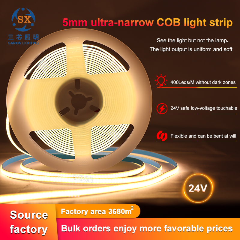 SXZM Factory DC24V 5mm Ultra Narrow COB LED Strip, 400Leds/M High Density Dimmable Dot-free Spotless Lighting