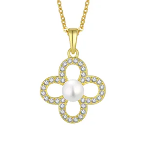 Luxury 4 Leaf Clover Pendant Necklace Earring Clover Freshwater Pearl White Zircon Jewelry Set Lady Gifts