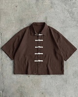 Chemise à carreaux de style chinois entièrement personnalisable pour homme avec boutons grenouille, chemisier ample à manches courtes style streetwear