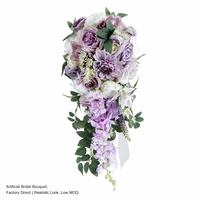Buket Pengantin Buatan Warna Ungu Lilac Gaya Eropa dengan Bentuk Tetesan Air Terjun dan Daun Hijau untuk Upacara Pernikahan Bunga Palsu.