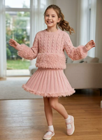 Ensemble en laine d'agneau de haute qualité avec logo personnalisé pour filles, pull en fourrure à manches longues + jupe plissée, tenue d'hiver tendance pour les fêtes