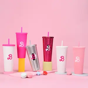 Hete Roze Aangepaste Logo 24Oz Plastic Koude Beker Tumbler Dubbele Muur Roze Drinkfles Plastic Tumbler Met Deksel En Stro