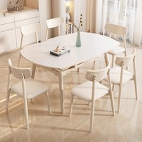 Ensemble de table et chaises de salle à manger rondes extensibles et pliables en marbre et bois massif, style nordique moderne, 4 à 6 places, pour petits espaces, couleur beige.