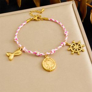 Fashion <b>Pink</b> <b>Braided</b> Rope Gold Plated Mermaid Ship Wheel Pendant Bracelet Women's Jewelry Gift - Product Image 1