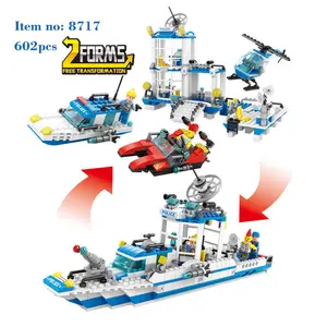 LELEBROTHER Educational City Series Marine Police Station Helicopter Boat Building Blocks Bricks Toys For Kids