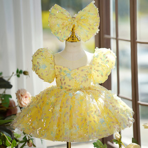 Estate maniche a sbuffo per bambini abiti da sera soffice grande fiocco con paillettes ricamato abito da principessa per bambina - Product Image 4