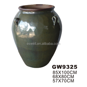 Pot de fleurs vintage en céramique émaillée avec doubles poignées latérales, grand et haut, pour aménagement paysager - Product Image 2