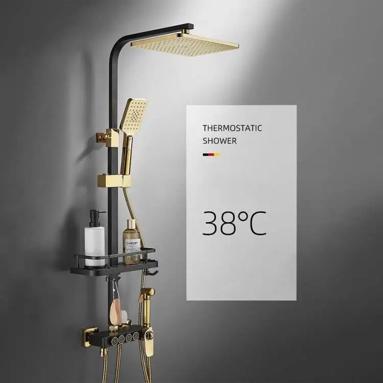 Luxury Black Gold Multi-Function Rainfall Thermostatic Shower Set with Hand Shower and Bidet Sprayer and Storage Shelf