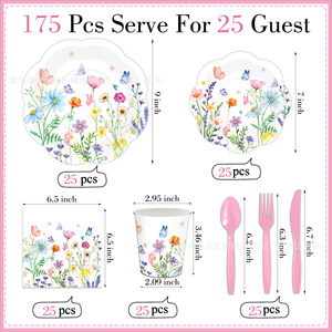 Ensemble de vaisselle pour fête aux fleurs sauvages, assiettes en papier, gobelets, serviettes avec décorations en dentelle pour la célébration du printemps - Product Image 2