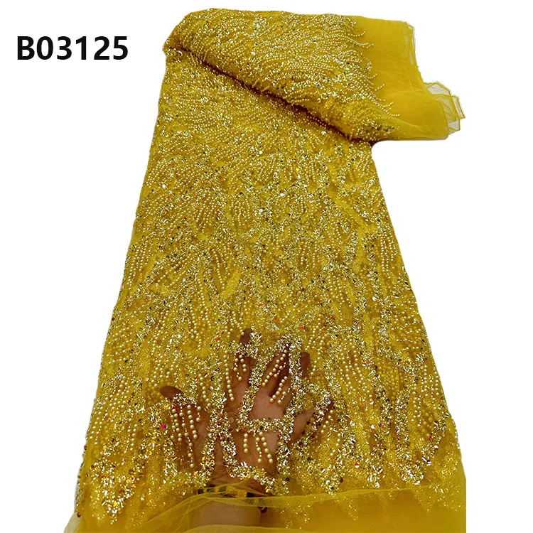 CHOCOO Atacado Africano Dourado Frisado Tule Renda Tecido Vestido Material lantejoulas Beads Bordado Tecido De Renda