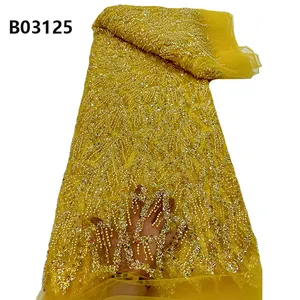 CHOCOO Großhandel African Golden Beaded Tüll Spitze Stoff Kleid Material Pailletten Perlen Stickerei Spitze Stoff