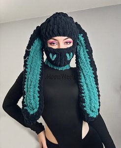 Venta al por mayor hecho a mano hombres y mujeres ganchillo invierno sombrero con oreja cara máscara sombreros Halloween largo conejo oreja esquí máscara <span class=keywords><strong>Bacalava</strong></span> - Product Image 3