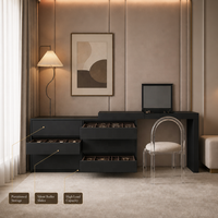 Coiffeuse moderne noire en contreplaqué avec armoire à tiroirs et 5+ compartiments, portes à panneaux, mobilier de chambre de luxe écologique