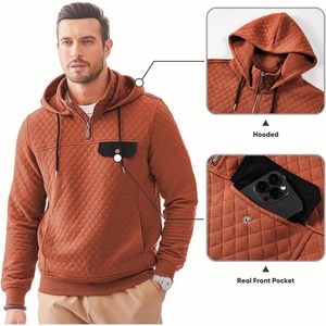 Custom Men's Loose <b>Quilted</b> <b>Hoodie</b> Casual Long Sleeve Quarter-Zip Pullover Sweatshirt Pockets XL Size Polyester/Cotton - Product Image 4