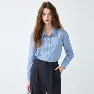 Women's Blue Striped Shirt Long Sleeve Poplin Casual Blouse For Commuting Spring Autumn Elegant Inner Layer Top - Product Image 4
