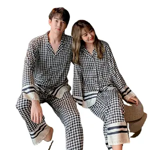 Spring Silk Like Houndstooth Women's Pajamas Set Fashion Style Female Couple Sleepwear Home Clothes for Men Nightwear Set