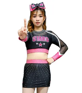 Custom Made Black And Pink Cheer Crop Top Youth Cheerleading Costume Sexy AB Rhinestones Cheerleading Uniform