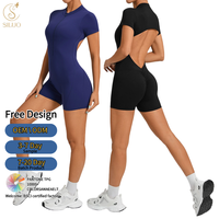 Combinaison de yoga courte pour femme, personnalisée, avec fermeture éclair 1/4, dos évidé, coussinets amovibles, effet froncé aux fesses, respirante, pour la gym et l'entraînement en extérieur