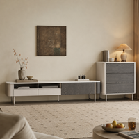 Meuble TV de luxe élégant et moderne, en marbre écologique et durable, couleur crème beige, console arrondie pour salon