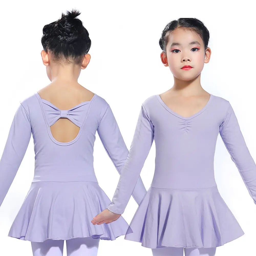 Spring Autumn Solid Color Long Sleeve Cotton Breathable Princess Girls Ballet Dance Dress Kids Performance Dancing Wear