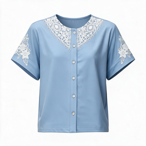 Light Blue Solid Woven Breathable Loose Fit Lace Collar <b>Button</b> Front <b>Women</b> Blouse Short Sleeve Casual <b>Shirt</b> Elegant Daily Wear - Product Image 5