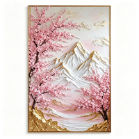 Peinture à l'huile 3D personnalisée peinte à la main, effet impasto, fleurs de cerisier, montagne enneigée, relief texturé, toile murale