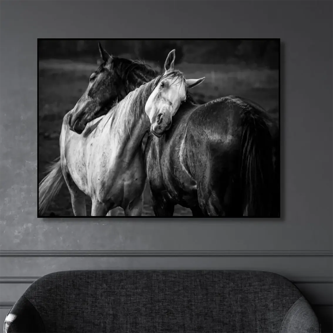 Home decoration white and black horse couple wall canvas art decorative painting