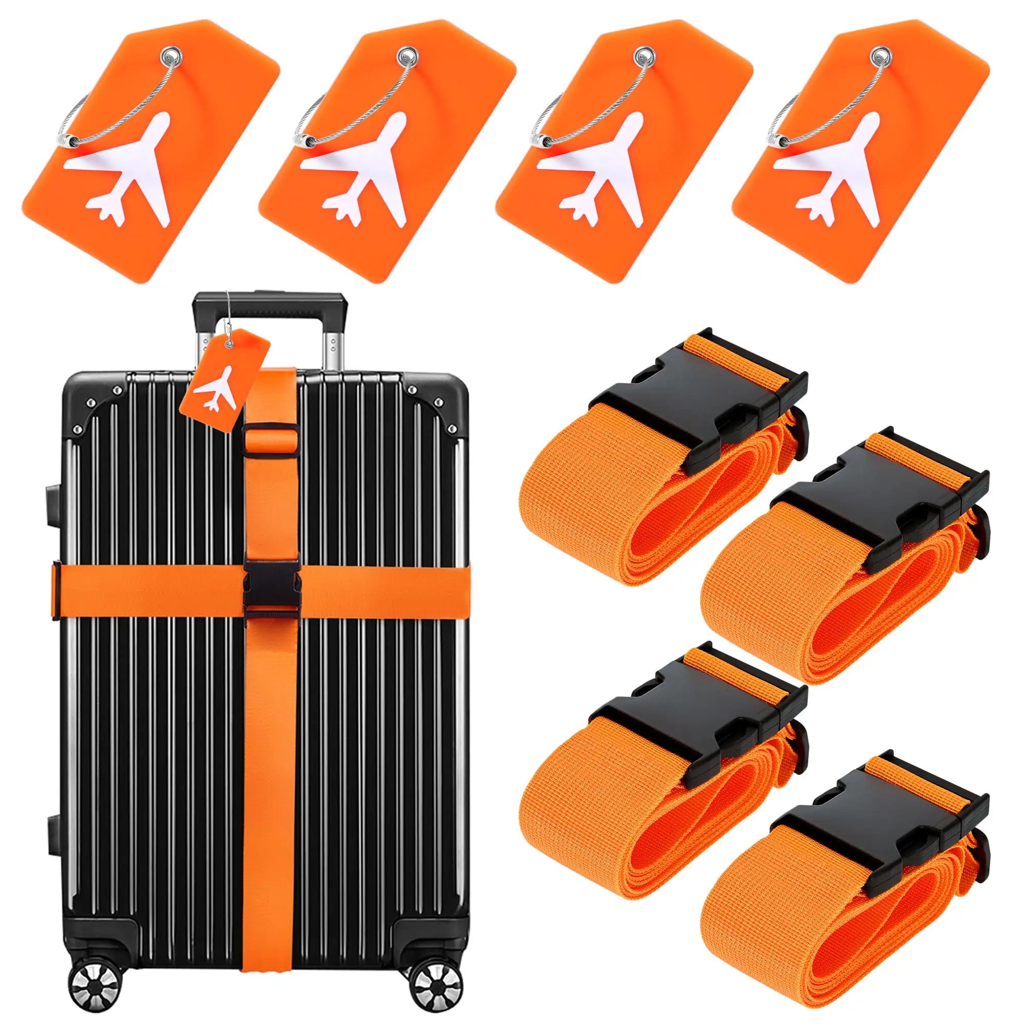 Venda imperdível cinto de bagagem ajustável de nylon e conjunto de etiquetas de silicone para viagens