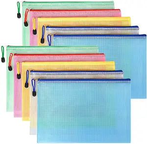Office SchoolA4 10 Color Zip Lock Mesh Files Folder Clear PVC Documents Storage Bags Zipper File Bag