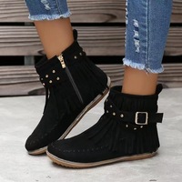 Bottines Chelsea en daim à lacets et à franges pour femmes, hauteur de la cheville, semelle plate, avec des caractéristiques douces imprimées, fermeture à enfiler