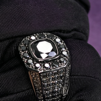 Bague Hip Hop en Argent S925 Sertie de Moissanite Noire, Bague Large Creuse en Nid d'Abeille Plaqué Rhodium Noir pour Hommes, Bijoux Fins