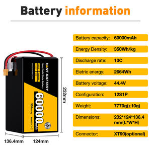 VANTドローン12S 44.4V 60000mAh 60000mAh 350Wh/kg <span class=keywords><strong>14S</strong></span> 18Sドローンバッテリー半固体高密度リポ電池X9 X16モーター用 - Product Image 3