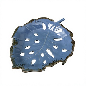 Ceramic Leaf <b>Mat</b> Navy <b>Blue</b> Modern Design Reusable <b>Table</b> Decor 400mm Diameter 8mm Thick Decorative Ceramic Placemat Handmade - Product Image 1