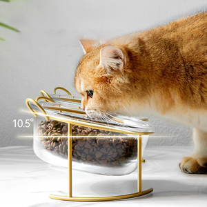 Cuenco para mascotas, cuenco de vidrio doble para perros y gatos con marco de hierro, soporte dorado, alimentador cuenco de agua elevado, suministros para mascotas, accesorios - Product Image 3