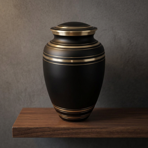 Black Metal Cremation Urn <b>Keepsake</b> <b>Ashes</b> Vase Memorial urn with gold tone stripe decor <b>for</b> sympathy display - I H C - Product Image 3