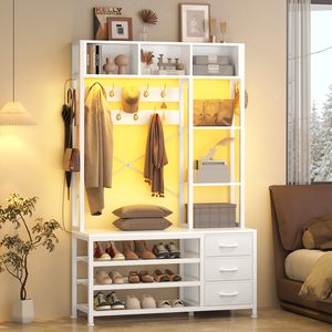 SENYU Modern White Entryway Hall Tree <b>Coat</b> <b>Rack</b> with 6 Hooks 5 Shelves <b>Shoe</b> Storage Cabinet Multifunctional Furniture - Product Image 2