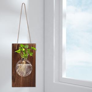 Stazione di propagazione delle piante ecologica personalizzata appeso a parete vaso di fiori per piante idroponiche vaso di vetro appeso con <span class=keywords><strong>Base</strong></span> in legno - Product Image 2