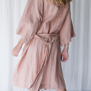 OEM/ODM Elegant Pink Rose Dress for <strong>Women</strong> Linen Three Quarter Sleeve Casual Loose Wrap <strong>Robe</strong> Quick <strong>Dry</strong> for Holidays Casual Wear - Product Image 2
