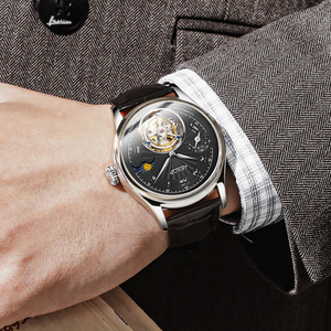 Reloj Mecánico de Hombre Aesop con Movimiento Tourbillon Original, Pantalla de Doble Zona Horaria, Cristal de Zafiro, Correa de Cuero de 22 mm y Esfera de Acero Inoxidable - Product Image 4