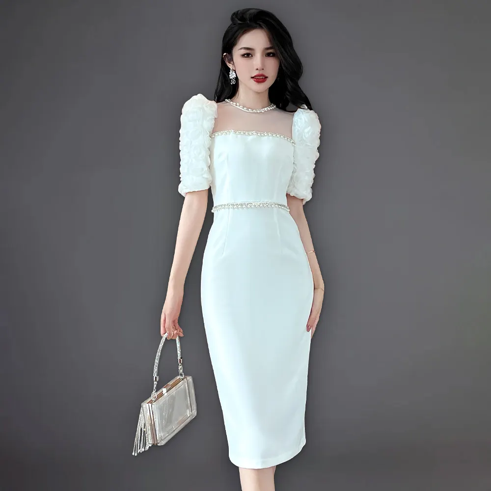 ZYHT 50106 Elegant Pearl Beaded Floral Sleeve Embellished White Midi Party Dress Satin Women Casual Dresses