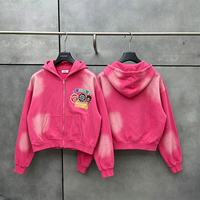 Sweat-shirt décontracté pour homme en coton épais, coupe ample, avec fermeture éclair, imprimé graphique de dessin animé, délavé à l'acide, dégradé rose, style streetwear