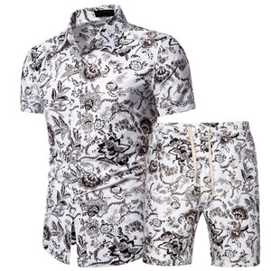<span class=keywords><strong>Conjunto</strong></span> de camisa hawaiana estampada de manga corta con cuello de pie multicolor de lino y algodón de verano - Product Image 3