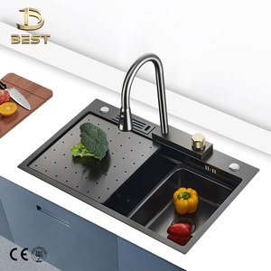 Grifo de fregadero de cocina de un solo cuenco moderno de 75x46, arena de semilla de mijo multifuncional, diseño de cascada negro PVD - Product Image 5