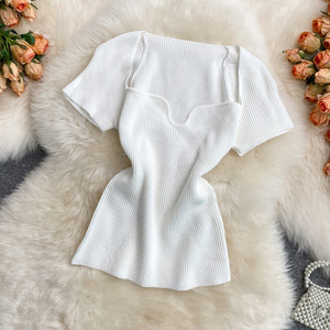 Women's Short Sleeve Square Neck Knit <b>Top</b> Short T-Shirt Fashion - Product Image 2