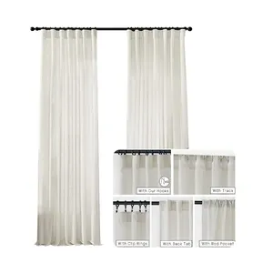 Linen Curtains with Heading Tape Hooks for Track System Back Tab, Flax Weave Sheer Extra Long Curtains for Living Room Bedroom