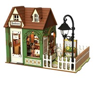Kit de bricolage : Scène de librairie miniature avec éclairage, ornements assemblés, maison en bois
