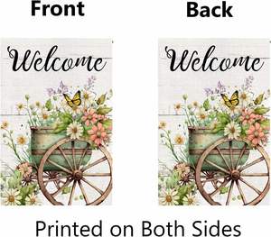 Spring Floral <b>Garden</b> 12X18 Inch Double Sided Wagon Wheel and Flowers Welcome Burlap Yard <b>Flag</b> for Outside Farmhouse Fro Ttj - Product Image 2