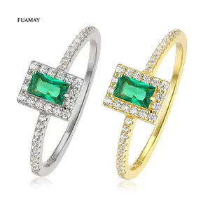 FUAMAY Minimalist Emerald Green Photo Frame Rings Gold Plated Woman Green Color Stone Diamond Rings