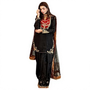 Salwar Kameez de Seda Negra para Mujer con Bordado Rojo, Largo hasta el Suelo, Traje Tradicional para Bodas, Corte Regular, para Todas las Temporadas - Product Image 1